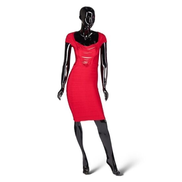 HERVE LEGER "ANNE" Dress in Rouge with Draped Fringe Insert | Size: Small | - Picture 1 of 12